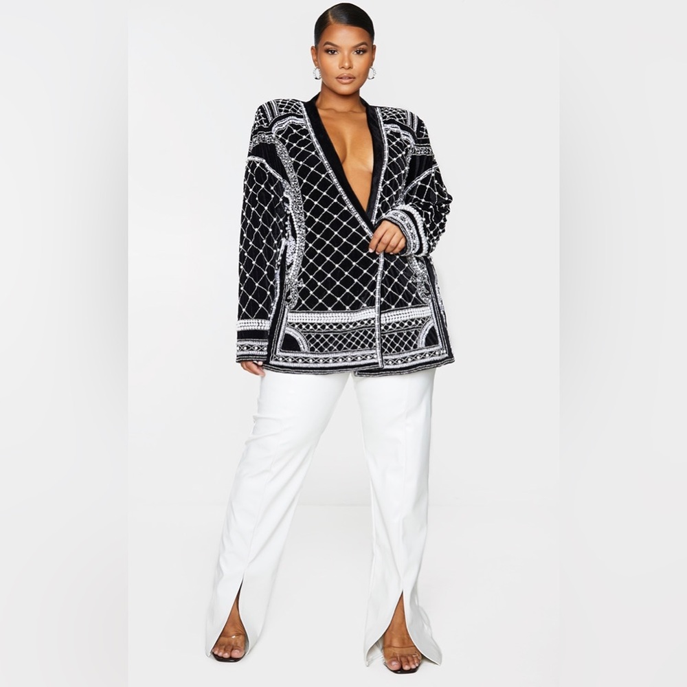 Plus Black Woven Embellished Beaded Oversized Blazer